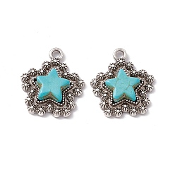Antique Silver Synthetic Turquoise Pendants, Star Charms, with Rack Plating Alloy Findings, Antique Silver, 26x23x5mm, Hole: 3mm
