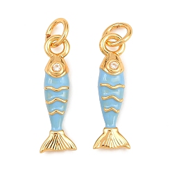 Light Sky Blue Brass Micro Pave Clear Cubic Zirconia Pendants, Enamel Style, Cadmium Free & Lead Free, Long-Lasting Plated, Rack Plating, Fish Charms, Real 18K Gold Plated, Light Sky Blue, 17.5x4x4mm, Hole: 3.5mm