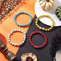 Color mezclado 4 piezas 4 colores Halloween latón cristal rhinestone y teñido sintético turquesa calavera y cuentas redondas conjuntos de pulseras elásticas para hombres mujeres, Platino, color mezclado, diámetro interior: 2-3/8 pulgada (6 cm), 1 pc / color