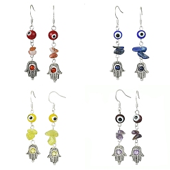 Mixed Stone 4 Pairs 4 Style Natural Mixed Gemstone Dangle Earrings, Hamsa Hand & Evil Eye Tibetan Style Alloy Long Drop Earrings, 62x13mm, 1 Pair/style