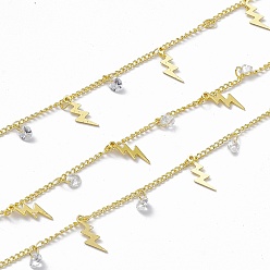 Real 18K Gold Plated Handmade Brass Curb Chains, with Lightning & Clear Cubic Zirconia Diamond Charms, Soldered, with Spool, Real 18K Gold Plated, Link: 2x1.5x0.3mm