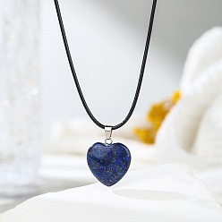 Ляпис-Лазурь Кулон в форме сердца из натурального лазурита на черном шнурке., украшения с целебными кристаллами для мужчин и женщин, платина, 17.32 дюйм (44 см)