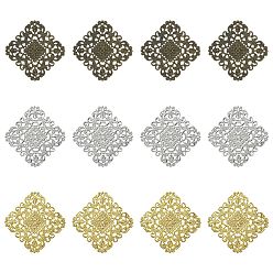 (52) Непрозрачная лаванда 12 шт. 3 цвета железные филигранные соединительные звенья, гравированные металлические украшения, ромбовидный разъем, разноцветные, 51x51x1 мм, отверстие : 1 мм, сторона: 40 мм, 4 шт / цвет