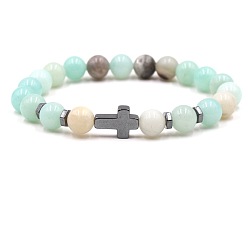 Flower Amazonite Pulseras elásticas redondas de amazonita con cuentas de flores naturales de mm y cruz de hematita sintética no magnética, 8 pulgada (7.48 cm)
