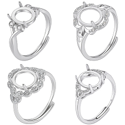 Платина 4шт. 4 стили латунные кольца с микропаве из кубического циркония, регулируемые застежки, настройки зубчатого кольца, овальные, платина, лоток : 10x8 мм, 10~15.5 мм, внутренний диаметр: 17.5~19 мм, 1 шт / стиль