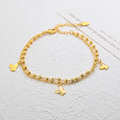 Золотой Винтажные пляжные латунные браслеты на ногу с двухслойной цепочкой и кисточками в виде бабочек для женщин, золотые, 7-7/8 дюйм (200 мм)