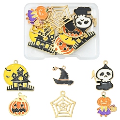 (52) Непрозрачная лаванда 12шт 6 стили с покрытием из экологически чистого сплава подвески из эмали, Хэллоуин тема, золотой свет, тыквенный фонарь из тыквы, паутина, призрак и дом с привидениями, разноцветные, 19~30x19~29.5x1~2.5 мм, отверстие : 1.5~2 мм, 2 шт / стиль