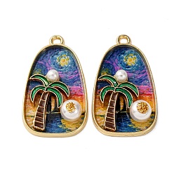 Разноцветный Печатные эмали подвески сплава, подвески в форме овала и кокосовой пальмы, с имитацией АБС-жемчуга и блестящей пудрой, стойки покрытие, золотой свет, красочный, 31x18x6.5 мм, отверстие : 2 мм