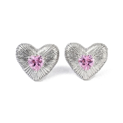 Stainless Steel Color Heart 304 Stainless Steel Pearl Pink Cubic Zirconia Stud Earring for Women, Stainless Steel Color, 19.5x22.5mm
