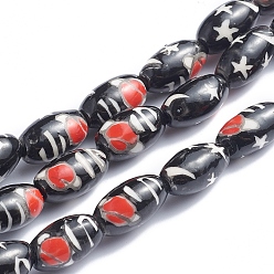 Звезда Ручной печатный шарики фарфора, овальные, звезда картины, 14~16x8~9 мм, отверстие : 1.5~2 мм, около 23 шт / нитка, 13.5 дюйм (34 см)