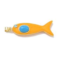 Orange Ocean Dyed Synthetic Turquoise Pendants, Brass Enamel Fish Charms, Real 18K Gold Plated, Long-Lasting Plated, Rack Plating, Lead Free & Cadmium Free, Orange, 44x15x8.5mm, Hole: 5x3mm