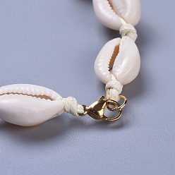Seashell Color Cowrie Shell Beaded Necklaces, with Brass Lobster Claw Clasps and Eco-Friendly Korean Waxed Polyester Cord, Real 18K Gold Plated, Seashell Color, 15 inch(38cm)