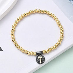 Cross Браслеты с овальными подвесками из латуни, латунные круглые бусины эластичные браслеты для женщин, стойки покрытие, долговечный, без свинца и без кадмия, разноцветные, крестик, внутренний диаметр: 2 дюйм (5 см)