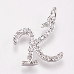 Letter K Brass Micro Pave Cubic Zirconia Letter Pendants, Letter.K, 15x17x2mm, Hole: 3mm