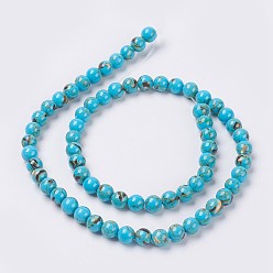 Deep Sky Blue Sea Shell and Synthetic Turquoise Assembled Beads Strands, Round, Deep Sky Blue, 6mm, Hole: 1.2mm, about 65pcs/strand, 15.7 inch(40cm)