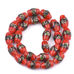Red Handmade Gold Sand Lampwork Beads, Drum, Red, 15~18x10~12mm, Hole: 1.5~2mm