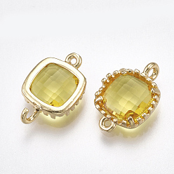 Желтый Соединители стеклянные ссылки, с латунной фурнитурой , граненые, квадратный, золотые, желтые, 14.5x9.5x3.5 мм, отверстие : 0.8~1.2 мм