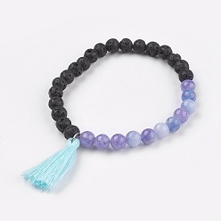Quartz Natural Quartz(Dyed) Stretch Bracelets, Imitation Aquamarine, with Lava Rock and Cotton Thread Tassel, 2-1/8 inch(5.5cm)