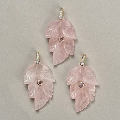 Rose Quartz Natural Rose Quartz Pendants, Leaf Charms, with Brass Pave Cubic Zirconia Findings, Golden, 39~40x24.5~26x5.5~7mm, Hole: 5.5x7mm