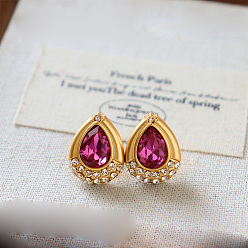 Deep Pink Brass Pave Cubic Zirconia Stud Earrings, Teardrop, Glass Earrings, Golden, Deep Pink, 18x14mm