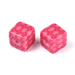 Pink Печатные непрозрачные акриловые бусины, куб с ромбовидным узором, розовые, 14.5~15x14.5~15x14.5~15 мм, отверстие : 3.8 мм