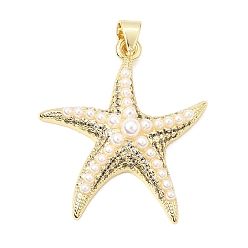 Clear Brass Micro Pave Cubic Zirconia Pendants, with ABS Plastic Imitation Pearl, Starfish Charms, Rack Plating, Long-Lasting Plated, Cadmium Free & Lead Free, Real 18K Gold Plated, Clear, 30x26x6.5mm, Hole: 4x3.3mm