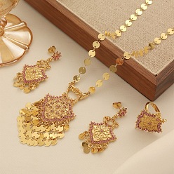 Ярко-Розовый Комплекты из ожерелий, подвесок и колец из сплава кубического циркония, золотые, ромб, ярко-розовый, 480 мм