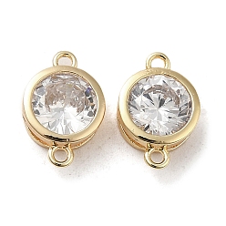 Real 18K Gold Plated Brass Connector Charms, with Clear Glass, Flat Round Links, Cadmium Free & Nickel Free & Lead Free, Real 18K Gold Plated, 7.5x11x3.5mm, Hole: 1mm
