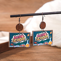 Rectangle Деревянные серьги-подвески с принтом ко Дню учителя., красочный, прямоугольные, 50x45 мм