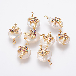 Colorful Natural Cultured Freshwater Pearl Pendants, with Brass Micro Pave Cubic Zirconia Findings, Nuggets with Coconut Tree, Golden, Colorful, 20~25x11~14x6~9mm, Hole: 1.8mm