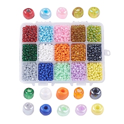 Mixed Color 1 Box 15 Color 6/0 Glass Seed Beads, Mixed Color, 4mm, Hole: 1mm, about 390pcs/compartment, 5850pcs/box