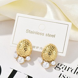 Золотой Ионное покрытие (ip) 304 овальные серьги-гвоздики из нержавеющей стали, с искусственным жемчугом из платины для женщин, золотые, 22x15 мм