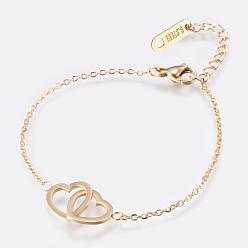 Golden 304 Stainless Steel Link Bracelets, with Lobster Claw Clasps, Heart with Heart, Golden, 6-1/2 inch(165mm)