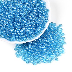 Темно-Голубой Прозрачное стекло Бисер, остекление стиль, круглые, глубокое синее небо, 4~4.5 мм, отверстие : 1 мм, Около 4090 шт / фунт