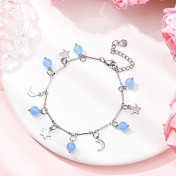 Васильковый Браслеты с подвесками из нержавеющей стали и натурального и окрашенного малайзийского нефрита, браслеты-цепочки из латуни для женщин, Луна и звезды, васильковый, 7-1/8 дюйм (18.2 см)