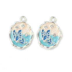 Серебро Подвески из эмали и сплава, со стразами, овал с подвеской в виде бабочки, стойки покрытие, без свинца и без кадмия, серебряные, 19.5x14.5x3 мм, отверстие : 1.6 мм