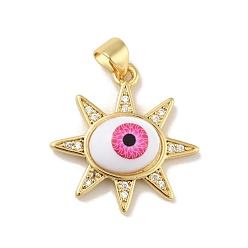 Rosa Oscura Micro latón allanan colgantes cúbicos del zirconia, con acrílico, sin plomo y cadmio, larga duración plateado, real 18 k chapado en oro, sol con mal de ojo, de color rosa oscuro, 21x21.5x5 mm, agujero: 4x3.5 mm