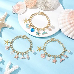 (52) Непрозрачная лаванда 3шт 3 цвета океанская тематика алюминиевые витые панцирные браслеты для женщин, с 304 застежками-тогглами из нержавеющей стали и подвесками из сплава, разнообразные, разноцветные, 7-3/4 дюйм (19.6 см)