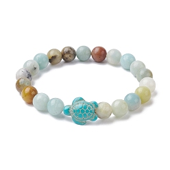 Flower Amazonite Эластичный браслет из бисера черепахи с натуральными цветами амазонита и синтетической бирюзой, внутренний диаметр: 2-1/8 дюйм (5.5 см)