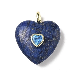 Ляпис-Лазурь Крашеные природные лазурит подвески, Подвески в форме сердца с фурнитурой из кубического циркония, инкрустированной латунью., золотые, 30.5~31x25.5x10.5 мм, отверстие : 4 мм