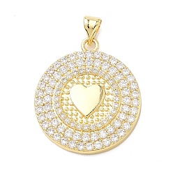 Плоский Круглый Латунные микро проложить кубического циркония подвески, плоский круглый с сердечками, без свинца и без кадмия, стойки покрытие, долговечный, реальный 18 k позолоченный, плоско-круглые, 27x23.5x4.5 мм, отверстие : 5x3 мм