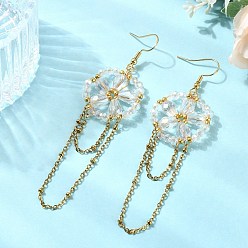 White Electroplate Glass Woven Dangle Earrings for Women, Flower, 304 Stainless Steel Dangle Earrings, Real 18K Gold Plated, White, 93.5x25.5mm