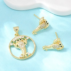 Другие Комплект из латунного кулона и серег-гвоздиков с микропаве из кубических цирконий для женщин, реальный 18 k позолоченный, омар, 13.5x9.5 мм, 20x18x3.5 мм, отверстие : 5x3.5 мм