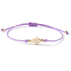 Лиловый Браслеты из окрашенных синтетических бусин белого бирюзового цвета и латунных бусин, сплетенные из бусин., украшения из полиэстеровой нити, плетеные для женщин, крестик, сирень