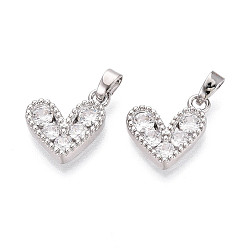 Платина Латунные микро проложить кубического циркония подвески, сердце прелести, платина, 14x12x3 мм, отверстие : 4.5x2.5 мм