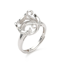 Платинированный Родиевое покрытие 925 стерлинговое серебро микропаве прозрачный кубический цирконий регулируемые компоненты кольца, оправа для чашек в виде лунного безеля с овальными подносами, Реальная платина, лоток : 11.5x13.5 мм, внутренний диаметр: 16 мм