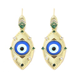 Синий Серьги-гвоздики из латуни с микро-паве из прозрачного кубического циркония для женщин, без кадмия и без свинца, долговечный, злые глаза, реальный 18 k позолоченный, синие, 44x20.5 мм