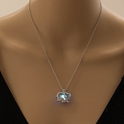 Deep Sky Blue Alloy Elephant Pendant Necklaces, Cable Chain Necklaces, with Luminous Stone, Deep Sky Blue, 17.72 inch(45cm)