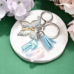 Letter M 26шт. брелок с кисточкой из прозрачной эпоксидной смолы, прозрачного акрила и искусственной замши, с кольцами для ключей из сплава, с цепочками и застежками-лобстерами, бабочка, Буква М, 95~108 мм