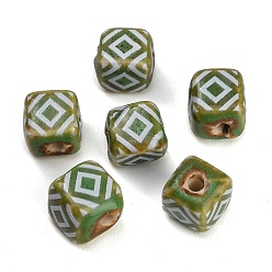 Olive Vintage Handmade Porcelain Beads, Cube with Geometry, Fancy Antique Glazed Porcelain, Olive, 11.5x10.5~11.5x10.5~11.5mm, Hole: 2.5mm